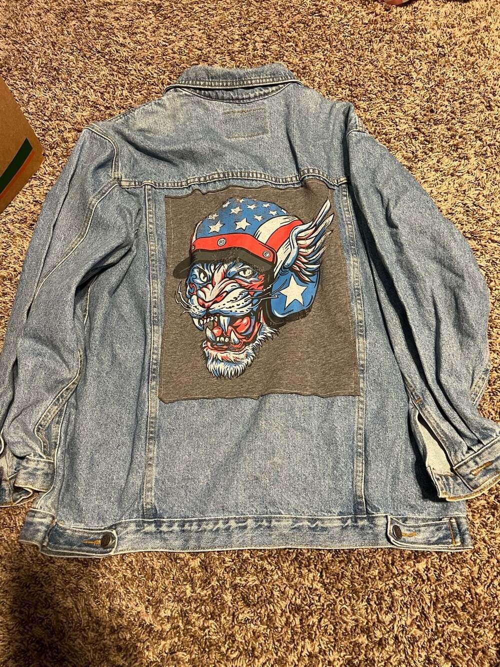 Custom Delta Burke Denim Jacket with Patriotic Brian Bucket Tiger Back Patch